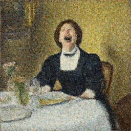 a painting by John Currin of a victorian woman laughing at the dinner table