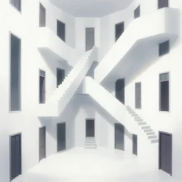 “the inside of a huge white building with with many doors and stairs, confusing, clean geometric shapes, sharp lines, creepy, doors, strange dimensions, anime style, very detailed background”