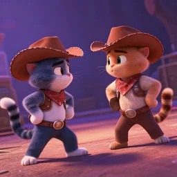 dutch angle screenshot from pixar movie of two cowboy cats in a standoff, cinematic, dramatic lighting, colorful, lackadaisy, trending on artstation