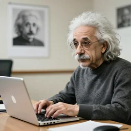 albert einstein programs on a laptop, hyperrealistic photos 8 k