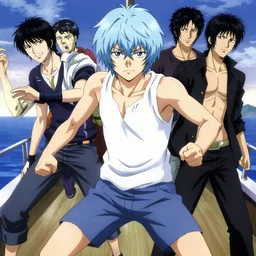 style of madhouse studio anime, rei hiroe, loish, artgerm, joshua middleton, revy from black lagoon, symmetrical eyes and symmetrical face, jean shorts, white tank top, middle shot, action pose, on a boat, smirk on face, evening, natural lighting