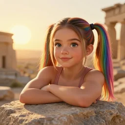 cute face portrait of muscled Mila Kunis with rainbow hair in pigtails chilling on a rock, sun down golden hour , ancient ruins,  sun ray prisms through wind swept saturated pollen, intricate, highly detailed, epic vista, very crispy, Ralph Horsley, Daniel F. Gerhartz, Artgerm, Boris Villajo, Lilia Alvarado