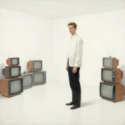 man in white room with televisions, leyendecker art style
