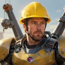 closeup portrait of mecha bryan cranston with construction crane arms, yellow hardhat, fantasy, d & d, heartstone, digital painting, volumetric light, intricate, sharp, focus, bloom, illustration, highly detailed, concept art, matte, ruan jia, randy vargas, greg rutkowski