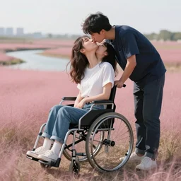 concept art by Neil Blevins, James Paick, Natasha  Tan Maciej Kuciara, highly detailed, ultra realistic  wheelchair user kiss anime girl  a clearing with pink grass and a river long-range plan cinematic lighting