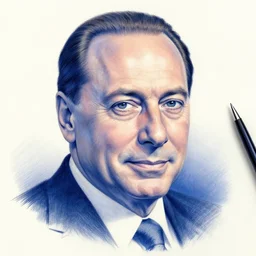 a realistic pen portrait of Silvio berlusconi, blue, sketch, iper realism