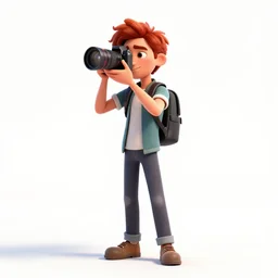 red-haired photographer with camera, stylized pixar-style 3d render, full body, standing, isolated on a pure white background, centered, whole figure in frame, sharp focus, studio lighting