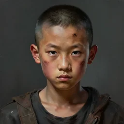dramatic portrait of chinese boy buzz cut, battle damaged, digital painting