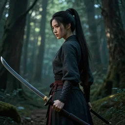 beautiful cinematic fantasy poster, asian woman side view using a bokken in forest ; by artgerm ; wayne n reynolds art station ; cinematic quality character render ; high quality ac - h 9 6 0