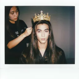 handsome man with shiny and silky long hair getting hair styled by a hair queen wearing a golden crown studded with sparkling diamonds, polaroid