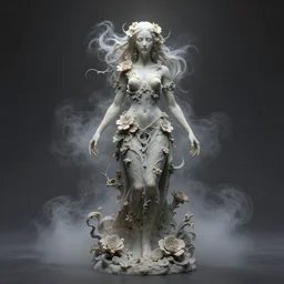 a sculpture of a gorgeous etherial female, made of mist, made of flowers, Andrew Ferez, Charlie Bowater, Marco Mazzoni, Seb McKinnon, Ryohei Hase, lovecraftian, cosmic horror, trending on cgsociety, featured on zbrush central, grotesque, vanitas, new sculpture, mystical