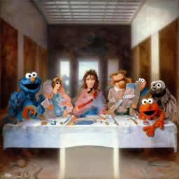 the last supper on sesame street with cookie monster and tiffy and finchen and muppet. art by hieronymus bosch, oilpainting, symetrical