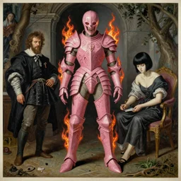 pink grotesque gothic armor suit with engraved flames, monumental painting by gerrit van honthorst and hajime sorayama and david hockney, illusion surreal art, highly conceptual figurative art, intricate detailed oil illustration, controversial poster art, polish poster art 1 9 8 0