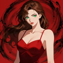 gorgeous woman with brown hair and green eyes, wearing a camisole, perfect body, red and black color palette, in the style of and ilya kuvshinov and greg rutkowski, high quality anime artstyle, intricate