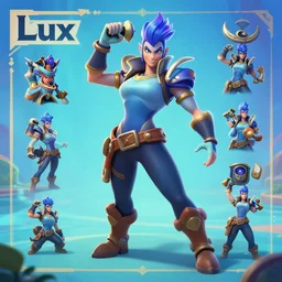 character sheet of pool party lux (league of legends), action poses, 3d render, octane render, 4K, highly detailed