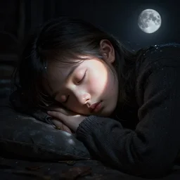 hyperrealistic render with very extreme intricate details, darkness with a single ray of moonlight lighting up a sleeping girl's face by wlop