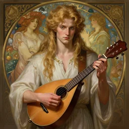 beautiful bard holding a mandolin, accurate anatomy, only two hands, highly detailed, digital painting, artstation, concept art, smooth, sharp focus, illustration, Unreal Engine 5, 8K, art by Artgerm and greg rutkowski and alphonse Mucha