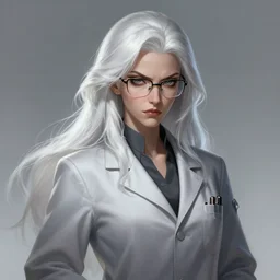 a highly detailed illustration of beautiful long white haired mad scientist woman wearing grey labcoat and glasses, dramatic frown pose, intricate, elegant, highly detailed, centered, digital painting, artstation, concept art, smooth, sharp focus, league of legends concept art, wlop.