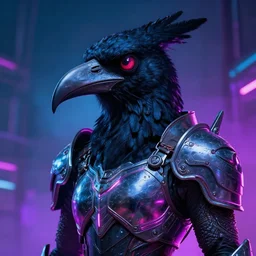 fantasy armored kenku, artistically anthropomorphic black bird head with a visible beak. neon, science fiction, light, portrait by donato giancola and greg rutkowski and wayne barlow. r / imaginarycyberpunk.