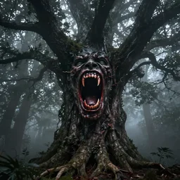 dark forest shrouded in mist, a tree with bloody fanged mouth gaping open fangs visible, screaming face on tree trunk with fangs, forbearing, oppressive, epic composition, digital art, concept art, 4 k, highly detailed