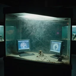 spooky creepy liminal space, display case, aquatic exhibition science museum, dusty slightly cracked aquarium, computer screens, photo taken on fujifilm superia
