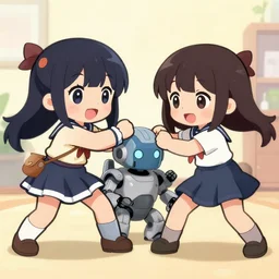 Two girls fighting a robot. Chibi anime.