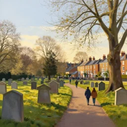 a walk through highgate cemetery, waterlow park then around highgate village in north london. volumetric lighting, spring, early evening, nice weather, realistic illustration, golden hour, perfectly shaded, soft painting, art by krenz cushart and wenjun lin