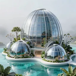 highly detailed futuristic architecture by richard rogers, reflective lighting, stylized vegetation, glass domes, ground - level view, puddles of turquoise water, foggy atmosphere, stunning sunny lighting, sunrise, vivid colors, in the style of pixar animation, trending on artstation, 8 k, matte painting, ray tracing, hyper detailed, unreal engine 5, cinematic, epic lighting, cryengine, octane render, cyberpunk, red and orange glow, vibrant