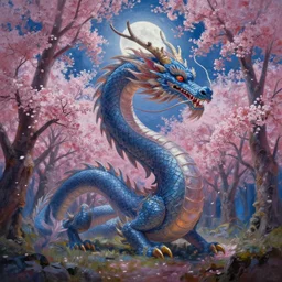 a beautiful painting of a huge dragon in a cherry blossom forest, volumetric lighting, moonlit by greg rutkowski and kalin popov, trending on artstation, masterpiece,