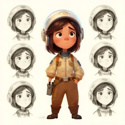 a character expression sheet for a quirky female space engineer character in the style of an animated feature film concept art, detailed, beautiful digital painting, expressive, well drawn, expert, characterful, unique, emotive, emotional