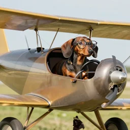 a dachshund with glasses piloting a biplane, detailed