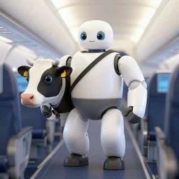 intelligent dairy humanoid cows boarding an airliner