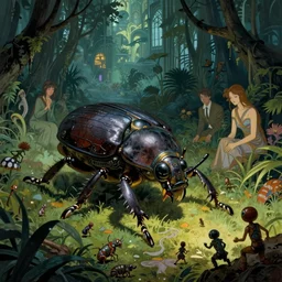 realistic giant beetle with few element of cyberpunk armor attacking tiny creatures in jungle, by moebius, alphonse mucha, ayami kojima, amano, greg hildebrandt, and mark brooks, art nouveau, cyberpunk, neo - gothic, cinematic view!!!, dynamic lighting, night