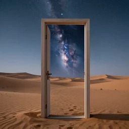 surrealist doorway with milky way inside door, in middle of the desert