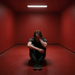 a schizophrenia with a stratification of consciousness suffers in despondency in the hyper expanse of the red room 8K resolution