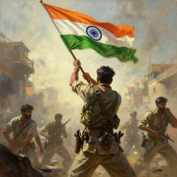 a cinematic dramatic scene of indian freedom fighters hoisting indian flag in call of duty game. oil on canvas, by carl gustav carus, by greg rutkowski, unreal engine 5, trending on artstation, featured on pixiv, masterpiece, cinematic composition, brilliant lighting, highly detailed, hd, 8 k