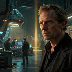 closeup of a master architect at the spacecraft docks, engineers working at the background, cyberpunk, moody, luminescent, rule of thirds, golden ratio, ambient lighting, syd mead, greg rutkowski, wlop, artgerm, artstation, highly detailed masterpiece