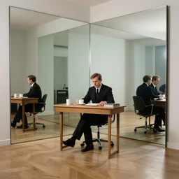 man in desk with coffee and black suit by leyendecker and dean cornwell, 5 feet distance from the camera, house of mirrors