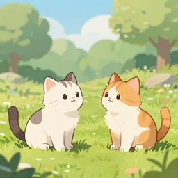 two cute calico cats looking at eachother outside in the grass on a beautiful day, artstation, cgsociety, storybook art