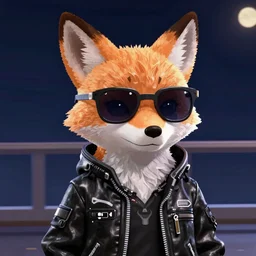 VRChat screenshot of anthropomorphic fox wearing cool sunglasses and a cyberpunk black leather jacket, realistic game still at night