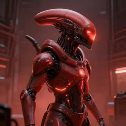 painterly render of a military - grade, industrial, portrait of glowing, warm, sharp edges, sleek contours, textured, reddish, atmospheric, misty, leds, futuristic cybernetic warrior alien in profile, highly intricate, detailed humanoid in a volumetric lighting warehouse, trending on artstation