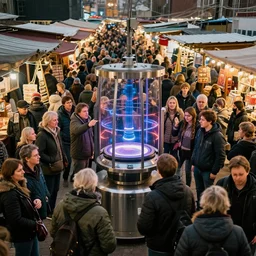 teleportation machine in a crowded marketplace, with people haggling and bargaining all around you by matti suuronen