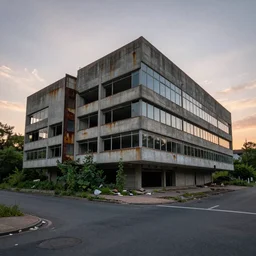 a street view of brutalist architecture by Le Corbusier, abandoned arts center, empty streetscapes, surrounded by lush green vegetation, ground-level view, epic volumetric lighting, sunset, rusted steel, solid concrete, glass, stunning skies, scattered rubbish and debris, 8k, photorealistic, hyper detailed, unreal engine 5, IMAX quality, cinematic quality, beautifully illustrated, sharp focus, minimal artifacts, from DOOM, by Greg Rutkowski, trending on Artstation