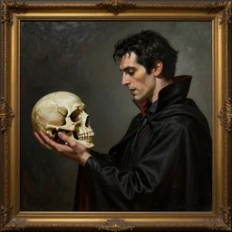 A side view framed painting of vampire part 3 dio brando holding a human skull, fantasy, detailed, cinematic, tarot card, highly detailed, golden ratio,8k