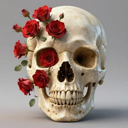 skull, 3 d render ultra detailed, technology vs nature, split in half, roccoco roses falling out of the face, beautiful natural soft light, unreal engine, octane render, photorealistic, by michael komarck, greg rutkowski, victo ngai, artgerm, willem claesz heda and j. dickenson