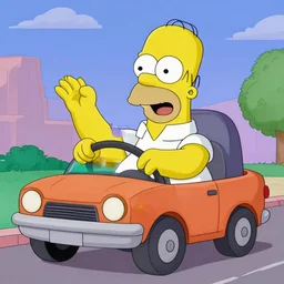 Photo of excited Homer Simpson driving a LADA