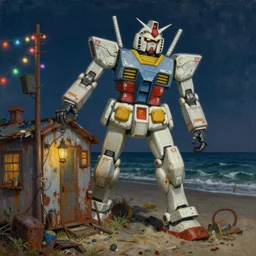 painting by dean cornwell, ilya repin, nc wyeth painting, ultra wide, vanishing point, 3 d perspective, stranded robot, beached life size gundam foot, award winning, up close, climbing, beaching, rust, midnight, junk town, lanterns, makeshift house, colorful lightbulb festoon lights, telephone pole