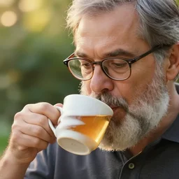 mr robert is drinking fresh tea in a garden from spiral mug, detailed face, wearing glasses, grey beard, golden hour