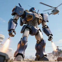 Giant police mech fires rockets at helicopter,cinematic lighting, highly detailed, 4k octane render