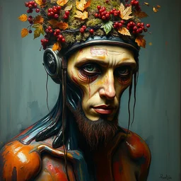 portrait of bender!! rodriguez!! with intricate detailed color smashing fluid oil paint and acrylic on the body, berries and dried moss and dried autumn leaves headdress, haunting, elite, elegant, melting wax, mycelia, abstract impressionism, ruan jia, dark fantasy, hyper detailed, concept art, by gustav klimt, futurama, bender bending rodriguez
